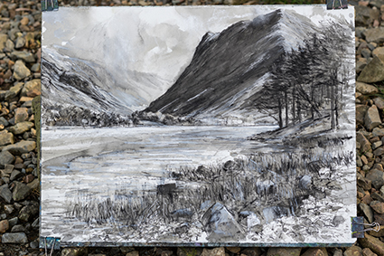 The finished expressive mixed media drawing created along the shores of Buttermere, Borrowdale in The Lake District
