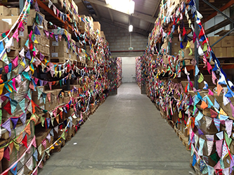 Woman's Weekly award-winning knitted bunting in Search Press's warehouse at Author Party 2013